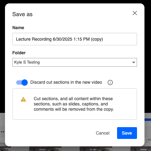 Save as window for editing title and selecting folder. With message about discarding cut sections in new video.