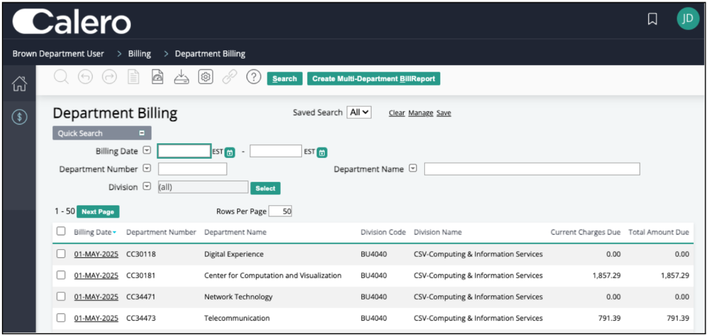 Pinnacle page displaying a list of bills for a department