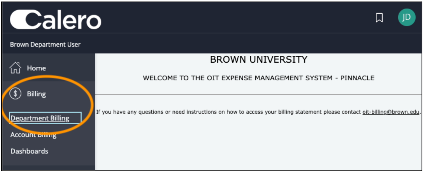 Pinnacle welcome page with the Department Billing menu highlighted