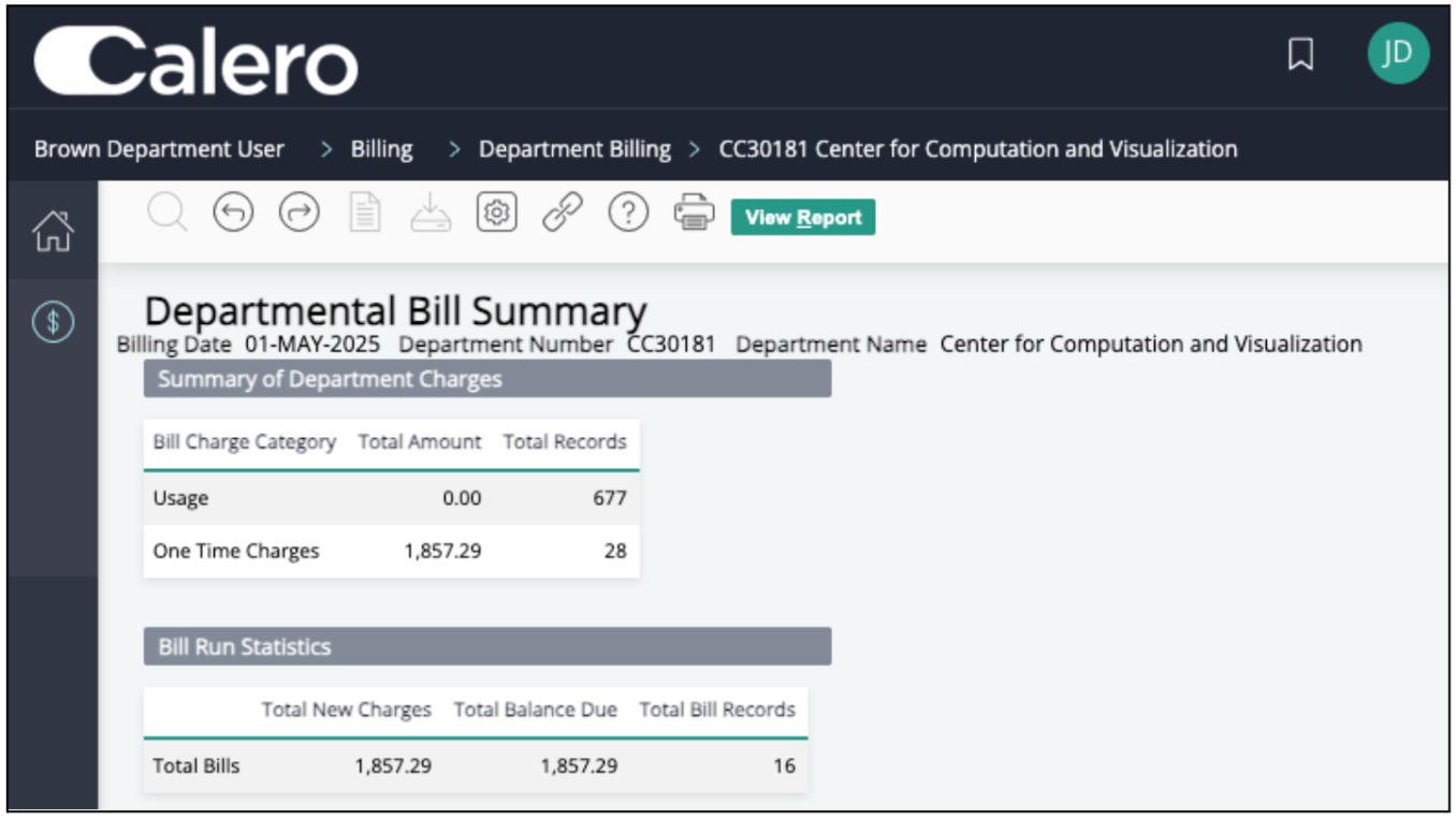 Pinnacle page displaying a summary of department charges and bill run statistics