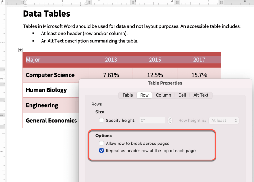 applying header row in word table