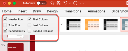 Header row options in powerpoint tables