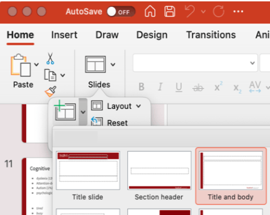 Selecting slide layout in powerpoint at Home > Slides > Layout