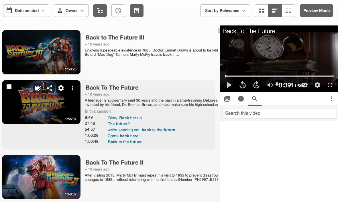 view of video selected and showing preview mode